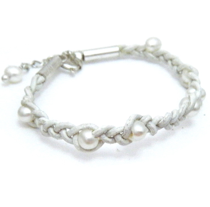 White Pearls on White Leather Bracelet